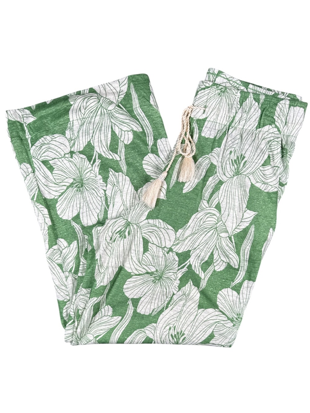 Tahari Floral Soft Linen Wide Leg Drawstring Pull-On Pants Green White S